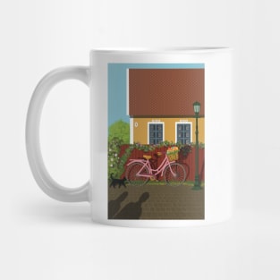 Pink bike with flowers in the Summernight in the street by the cottage in a Scandinavian country Mug